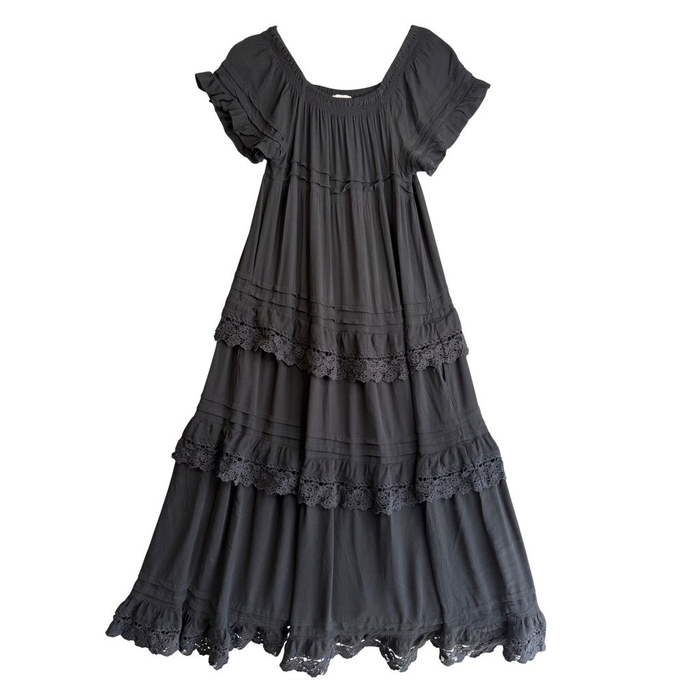 Muche et‎ Muchette Black Tiered Crochet Lace Maxi Dress Ruffle Off Shoulder OS